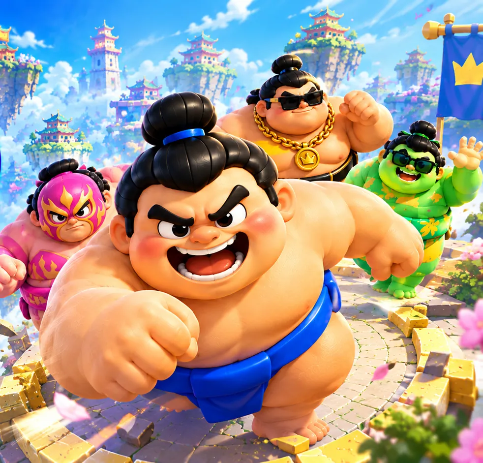Sumo Master charge en tête, suivi de Pink Furia, Swag et d’un sumo vert, sur une tour au-dessus des îles flottantes