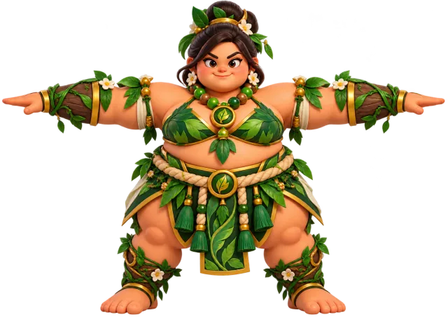 Gaïa, tenue de feuilles et de lianes