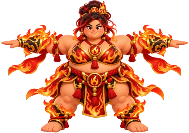 Hinoka, tenue rouge et or entourée de flammes