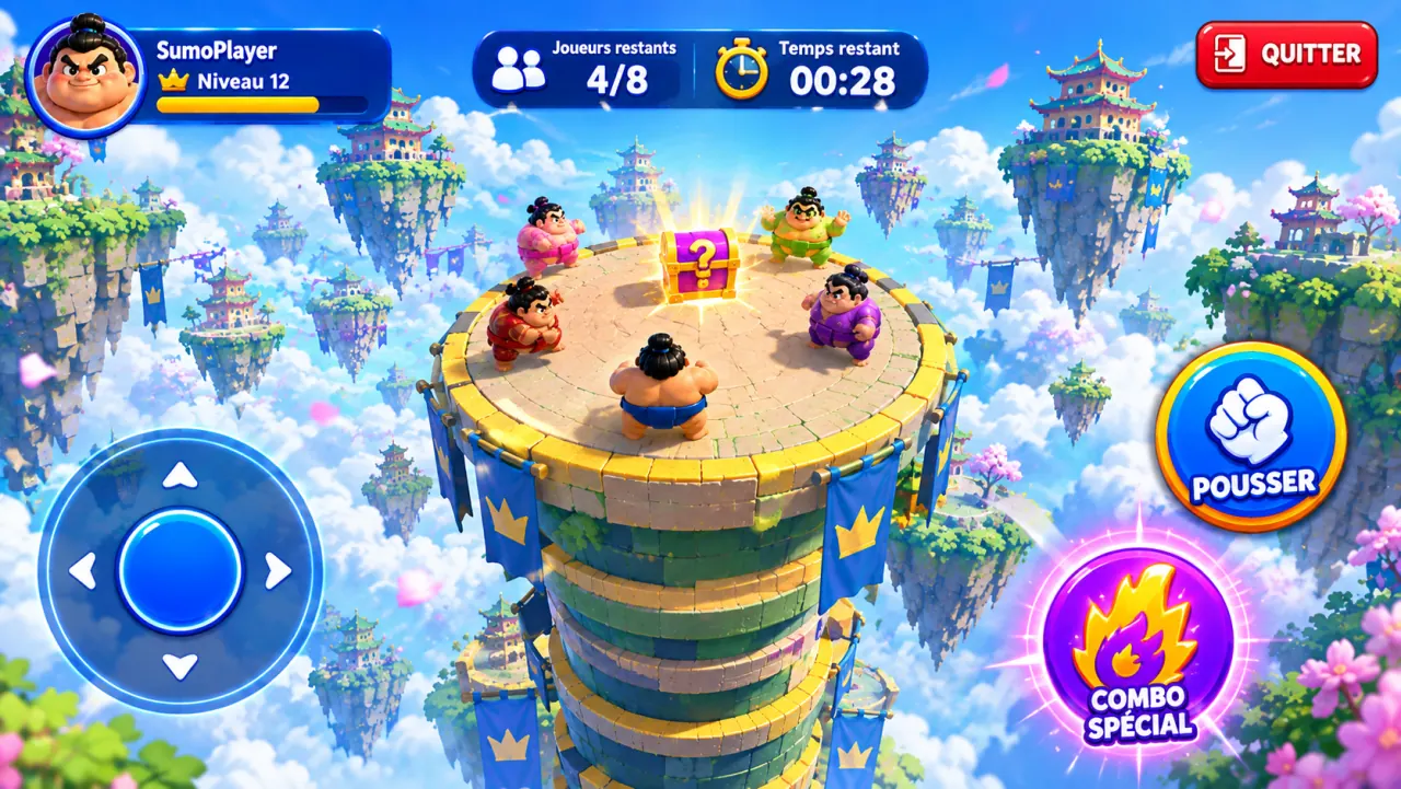 Écran de jeu : cinq sumos au sommet de la tour, un coffre au centre, joystick à gauche et boutons Pousser et Combo spécial à droite